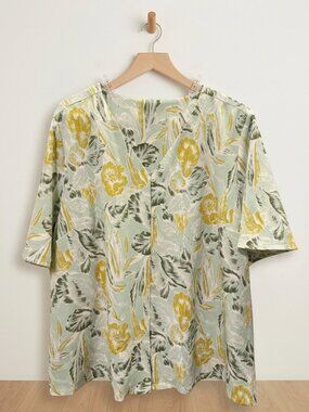 Floral V-Neck Short Sleeve Blouse in Sage and Mustard